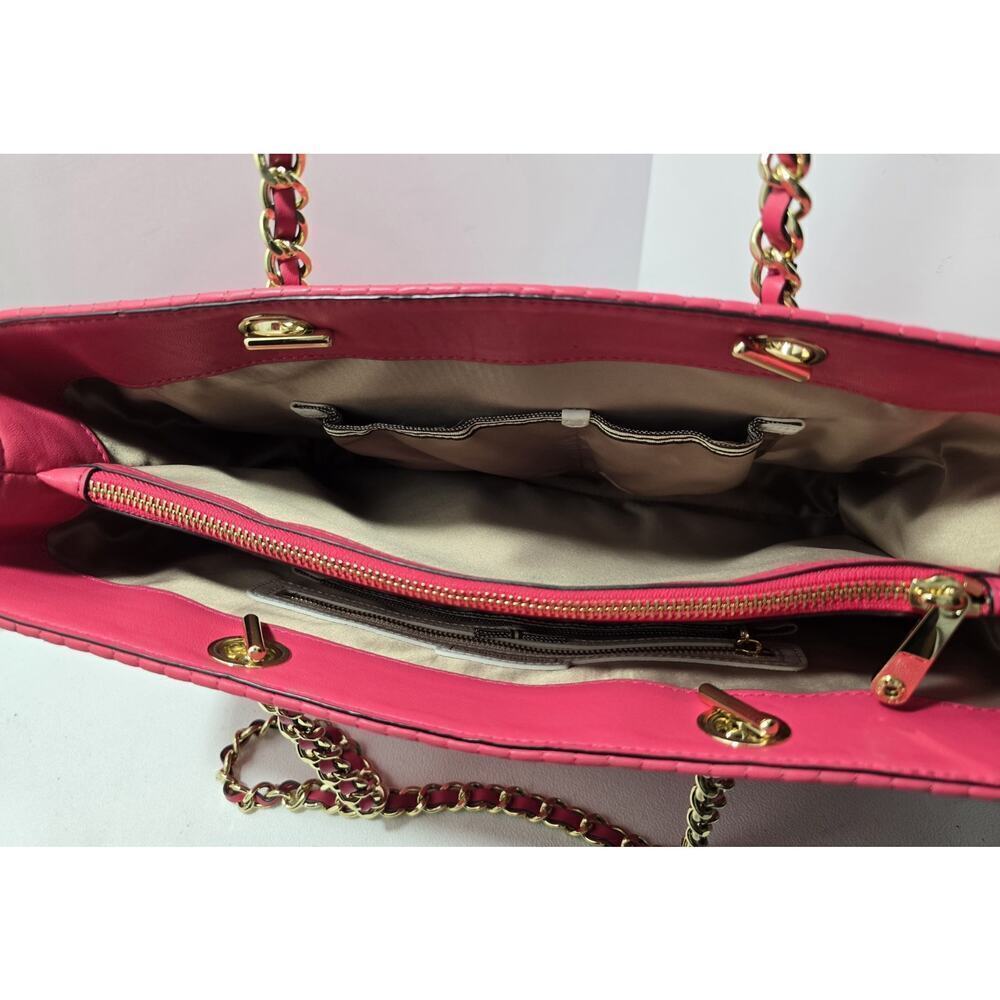 Henri Bendel No 7 Hot Pink Leather Tote Bag Quilted Vertical Chain East West - Picture 9 of 16